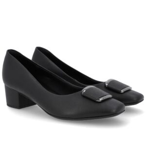 Scarpin Couro Preto Salto Bloco Enfeite