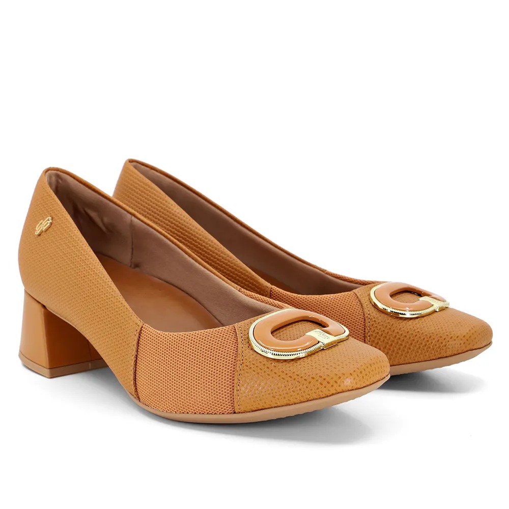 Scarpin Marrom Salto Bloco Couro Tressê Monograma