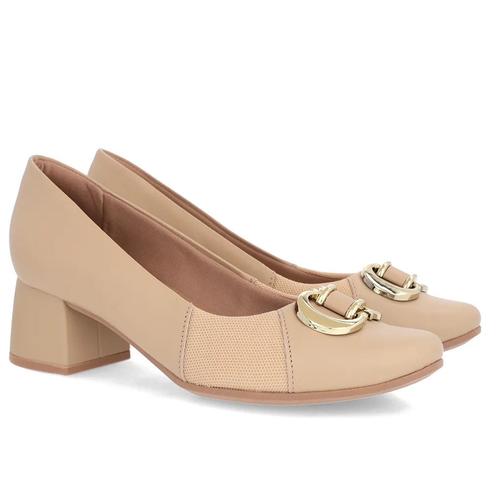 Scarpin Couro Bege Salto Bloco Médio/