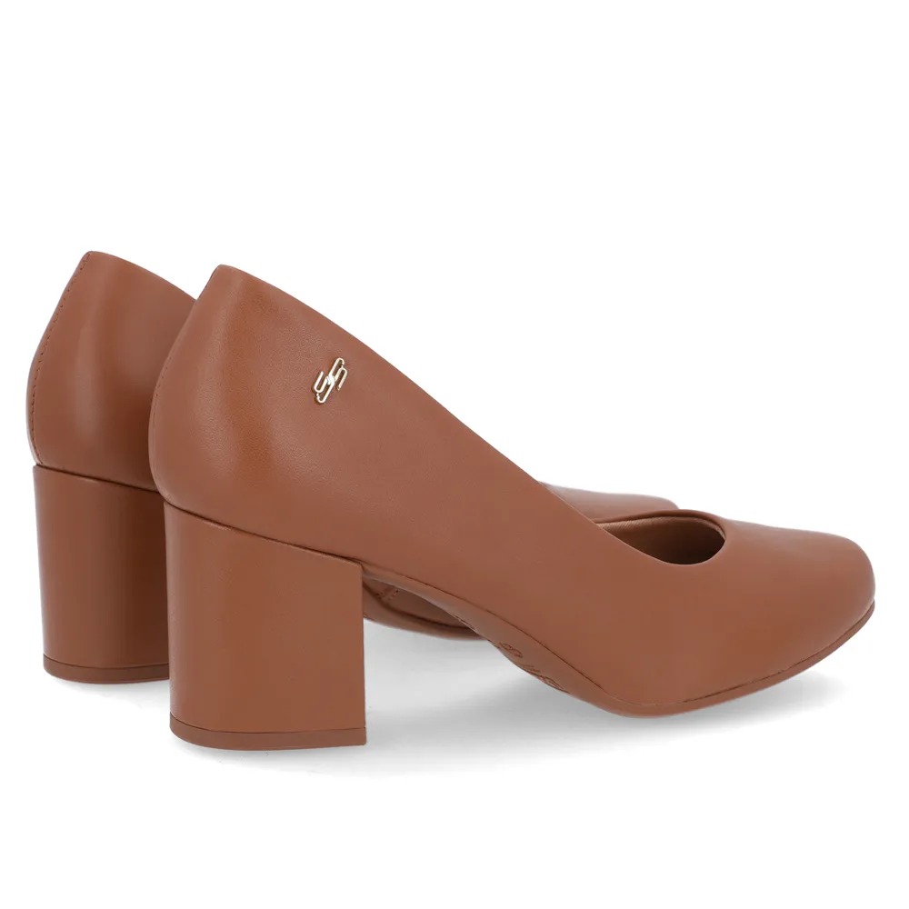 Scarpin Couro Marrom Salto BlocoScarpin