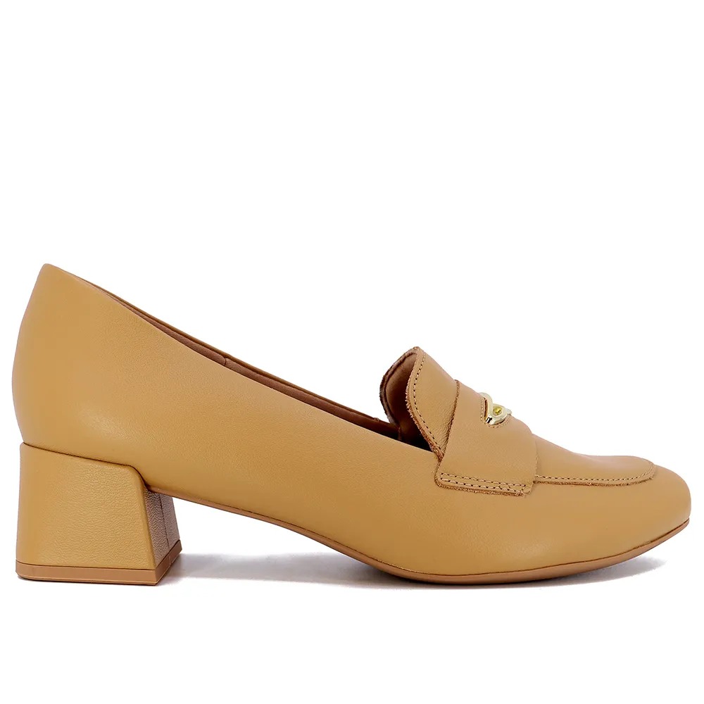 Scarpin Marrom Salto Bloco Couro Enfeite - Imagem 3